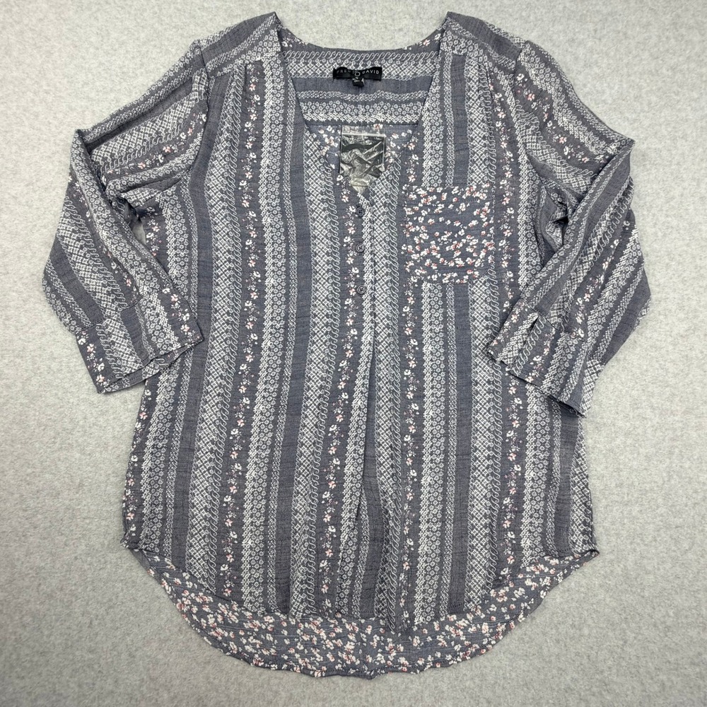 Fred David Mixed Print V-Neck Blouse Blue Floral Stripe 3/4 Sleeve Top B2U101RM